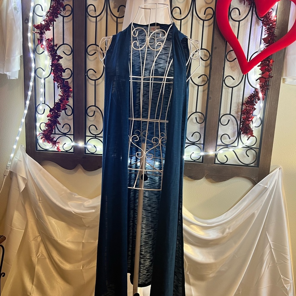 Chic Peacock Blue Long Sleeveless Vest